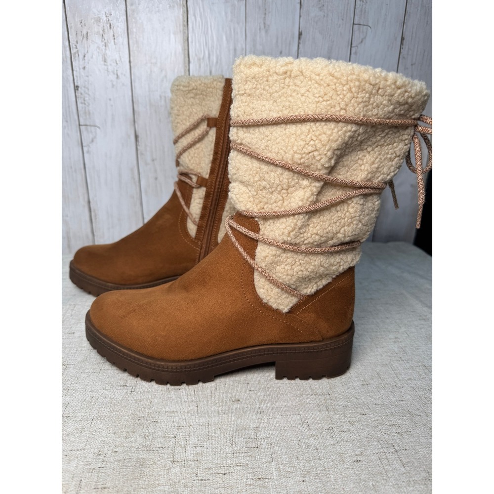 Life Stride Saratoga Faux Suede Sherpa Lace Mid Calf Zip Boots‎ Camel Women's 8